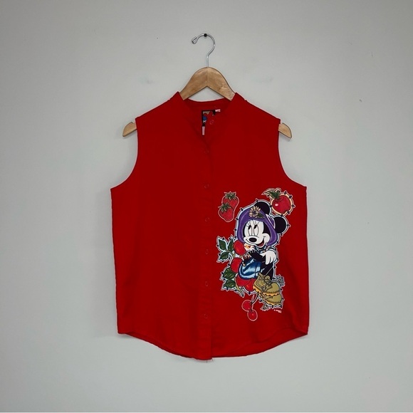 Mickey Unlimited Button-up Shirt Size Small Red Paint Sleeveless Blouse Vintage - Picture 2 of 6